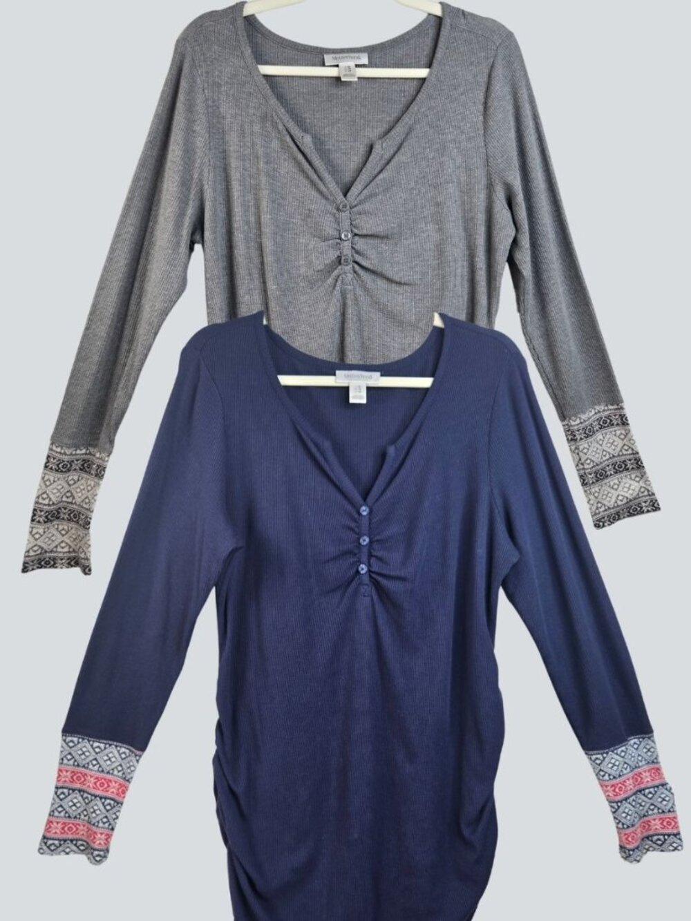2 Motherhood Maternity Nordic Henley Thermal Shirts Sz XL Blue Gray Stretchy Top